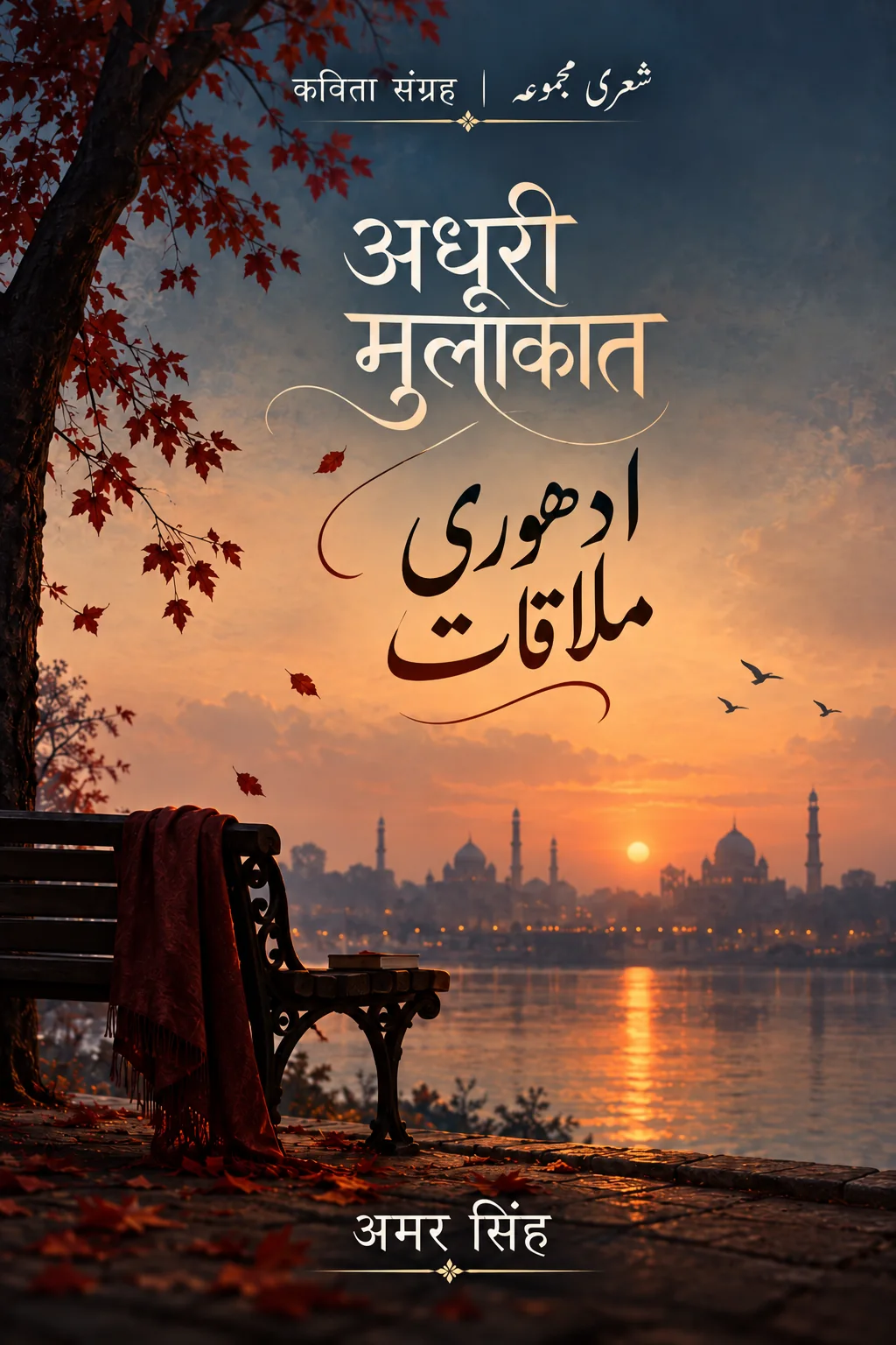 Book cover of अधूरी मुलाक़ात / ادھوری ملاقات. Poetry collection in Hindi and Urdu, author अमर सिंह, against a sunset by the water with an empty bench.